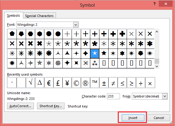 Select the Symbol and click Insert - Star Symbol on Keyboard