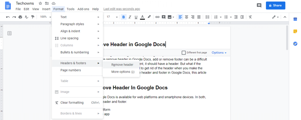 Remove Header in Google Docs