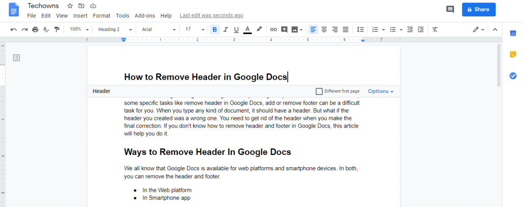 Remove Header in Google Docs