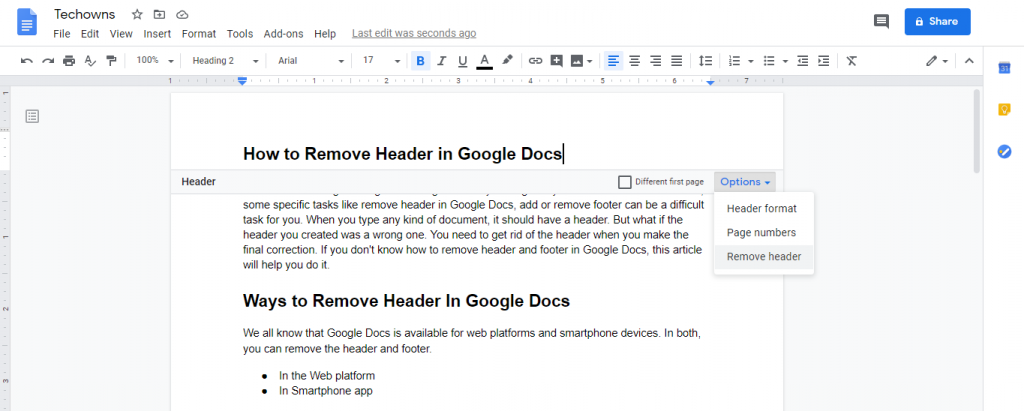 Remove Header in Google Docs