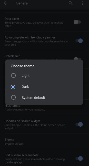 Select Dark to enable Google Assistant Dark Mode 