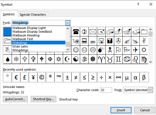 Select Wingdings