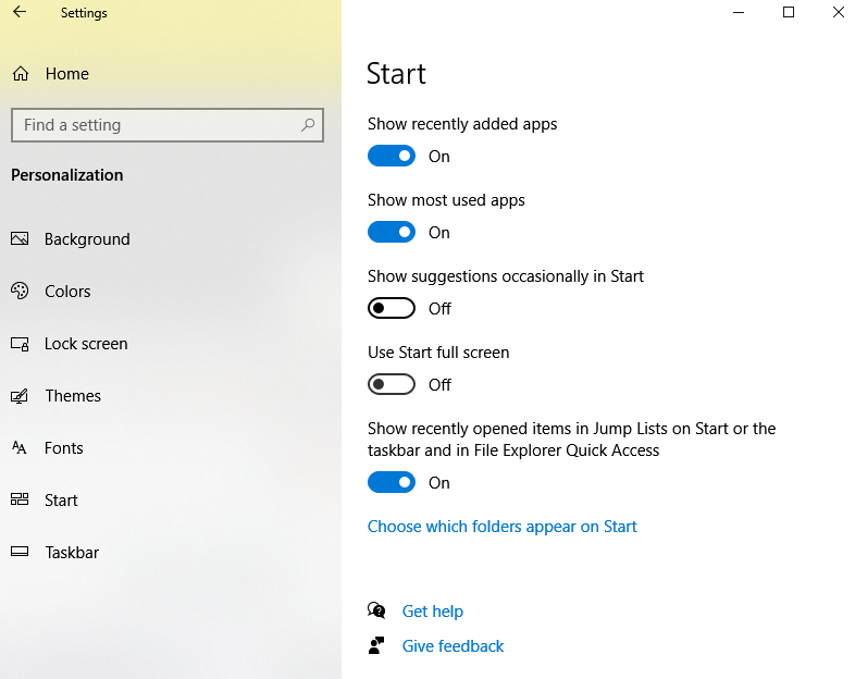 Toggle Off Show suggestions occasionally in Start