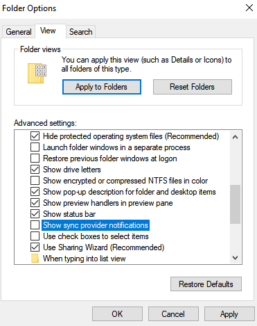 Uncheck Show Sync Provider Notifications-How to Stop Pop Ups on Windows 10
