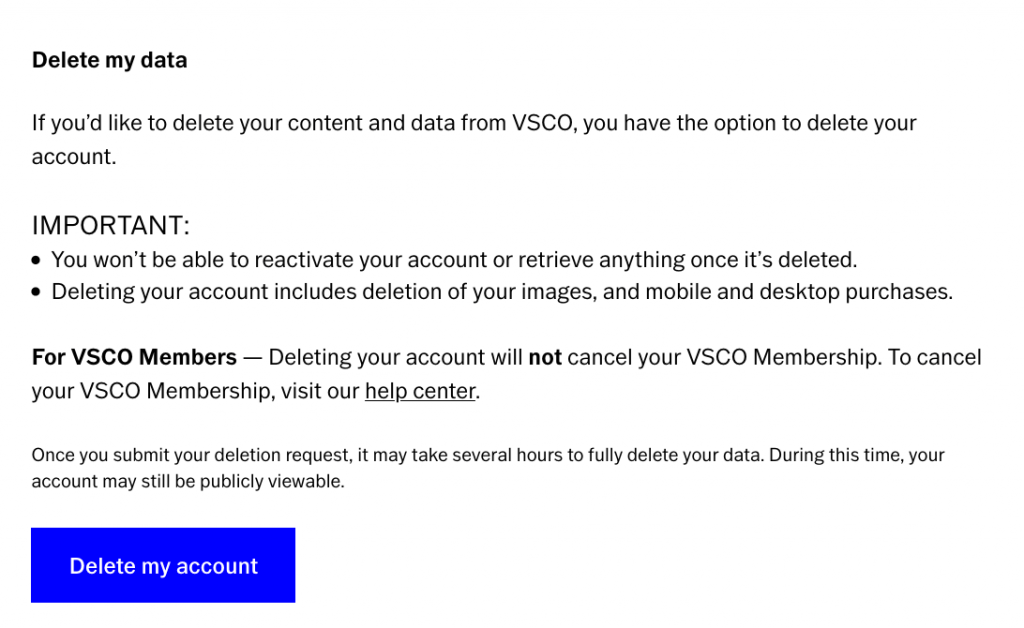 how to delete a vsco account