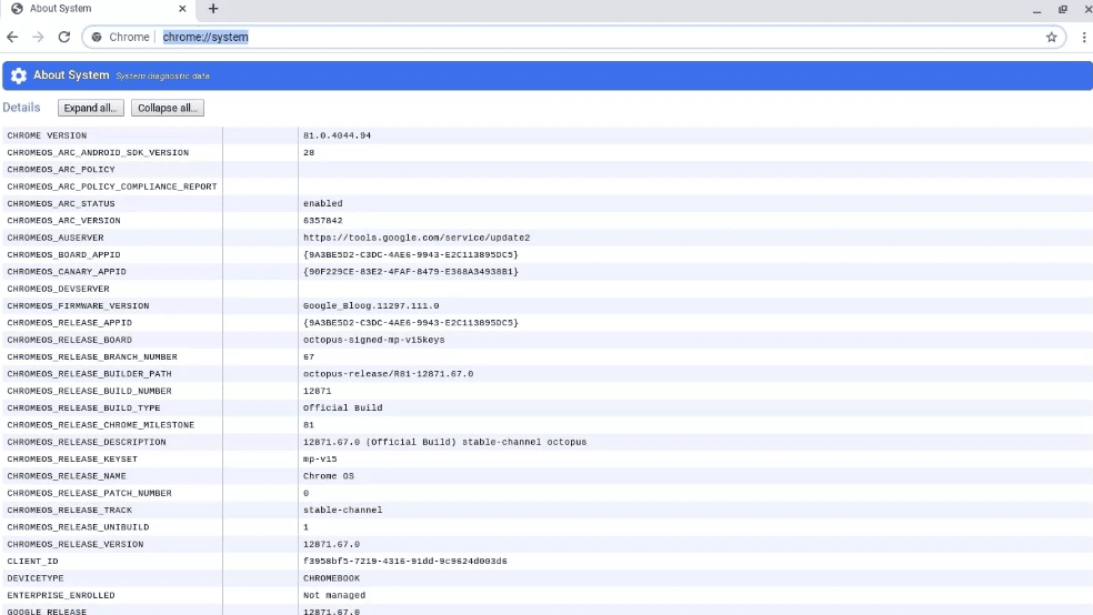 About System Page on Chromebook