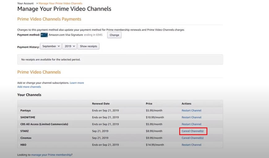 Cancel Starz on Amazon