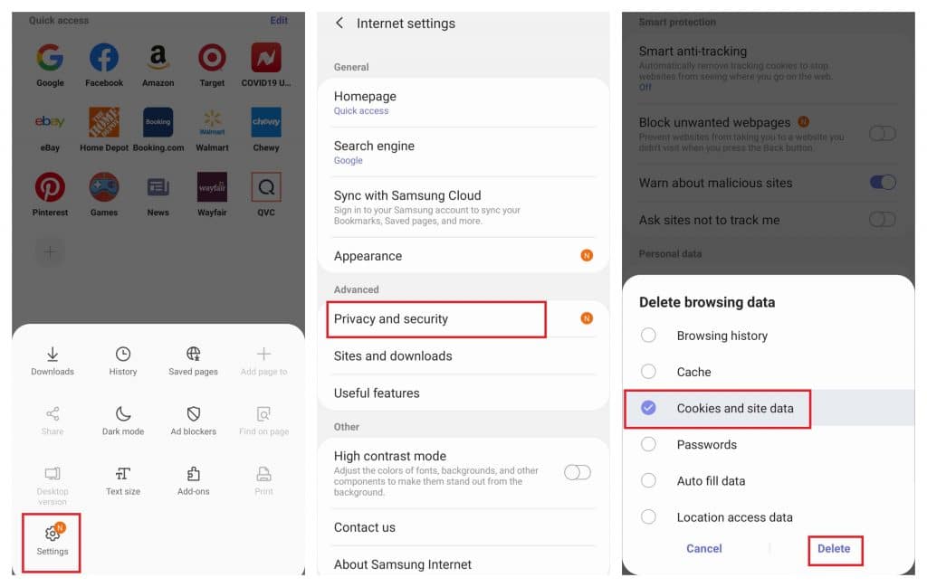 Delete Cookies on Samsung Internet