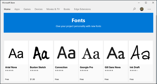 Microsoft Store Font section