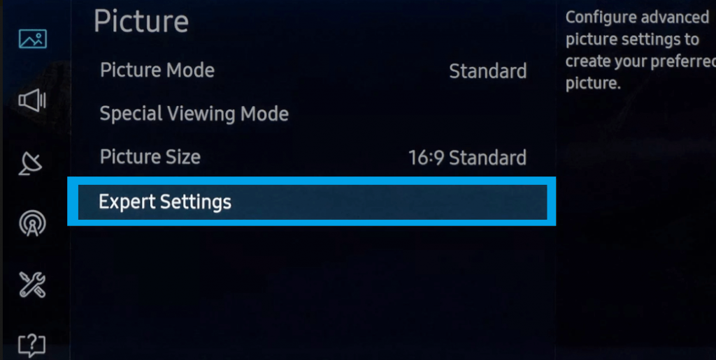 Select Expert Settings-Best Picture Settings for Samsung Smart TV