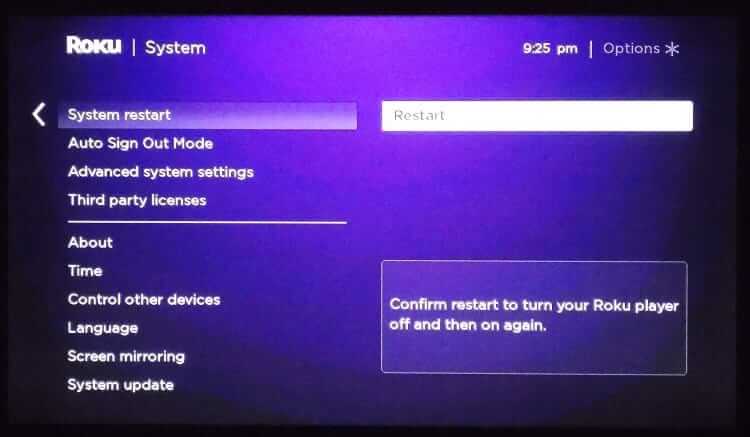 Select Restart - Roku Won't Connect to internet