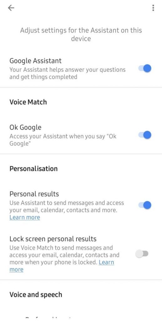 Tap the Slider next to Google Assistant