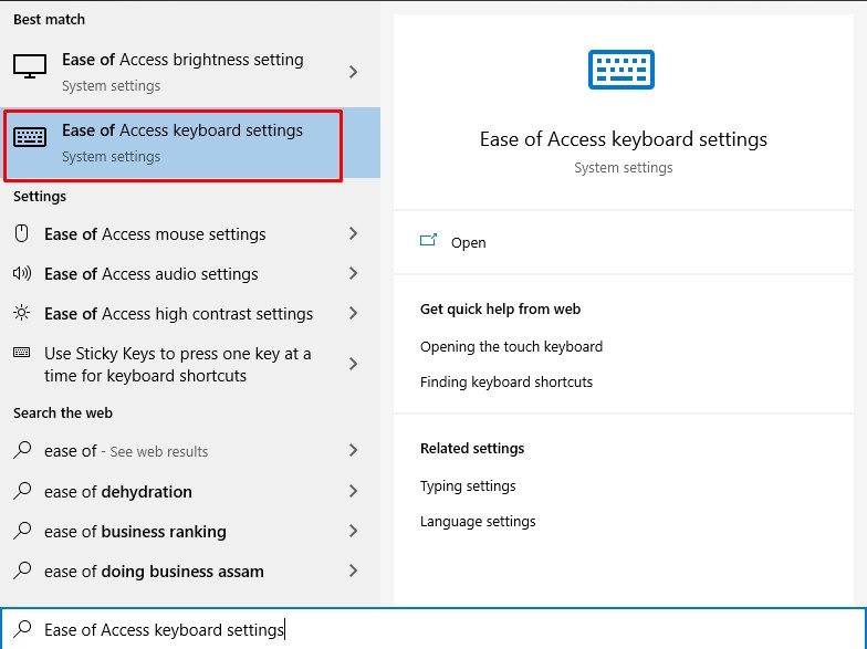 Ease of access keyboard settings