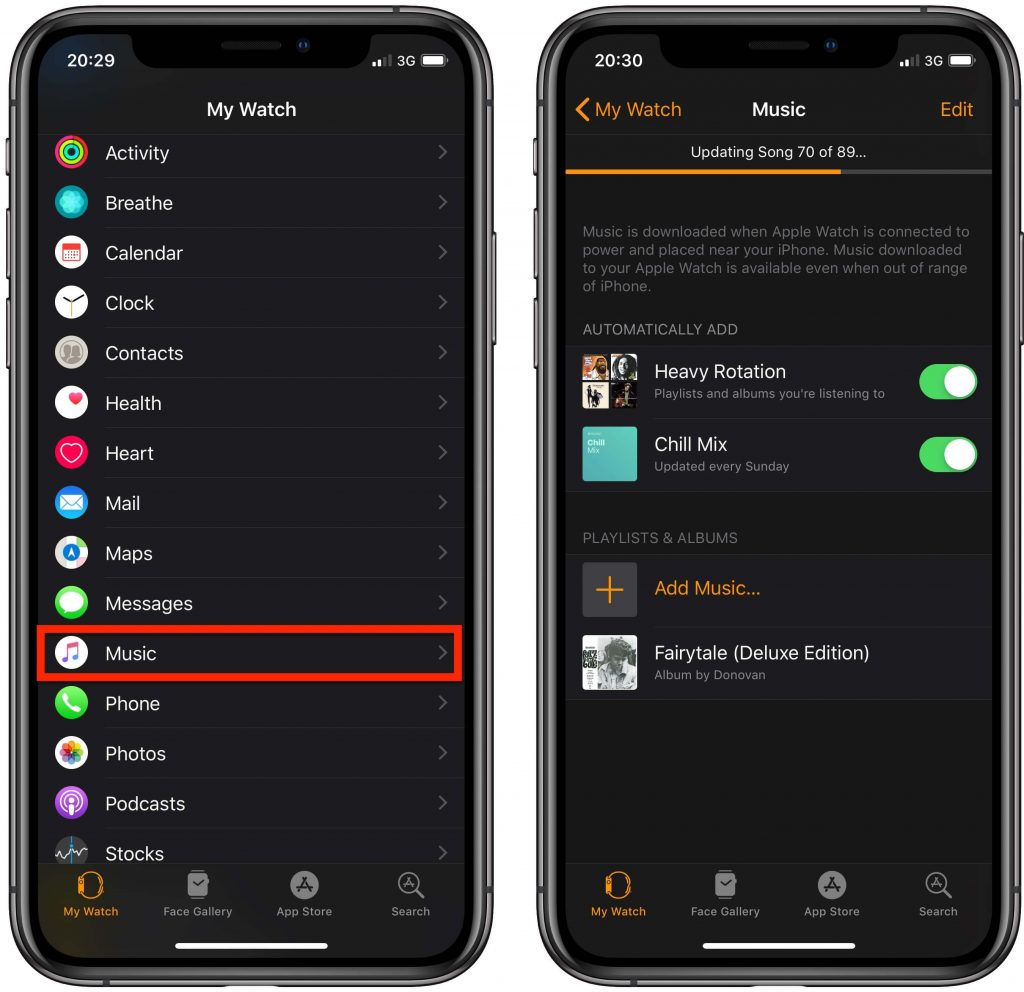 add music to apple watch