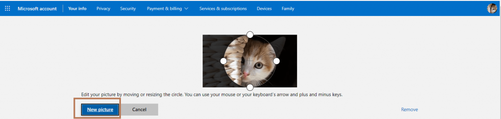 New picture selection to Change Profile Picture on Outlook