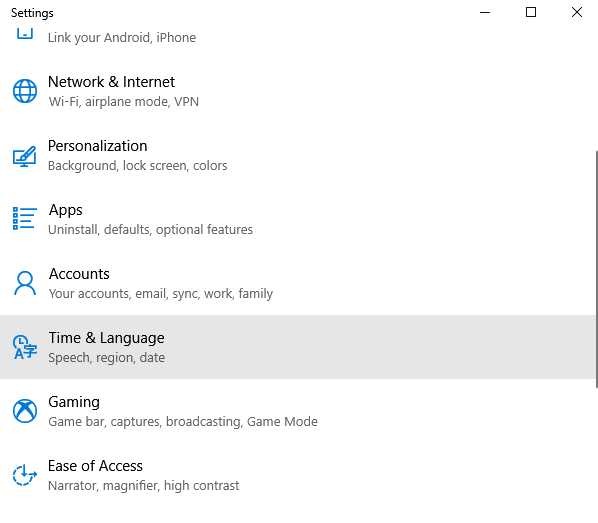 Choose Time and Language to Change Language on Windows