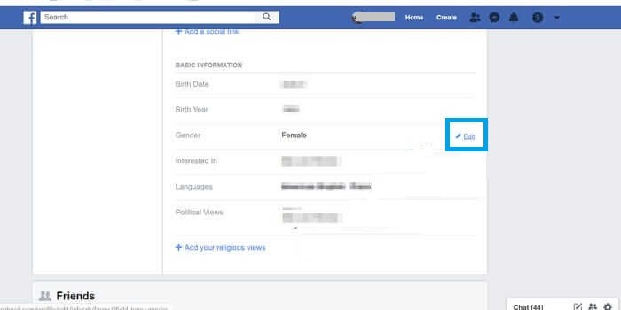 Click Edit icon to Change Gender on Facebook