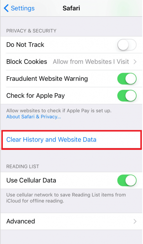 select Clear History and Website Data