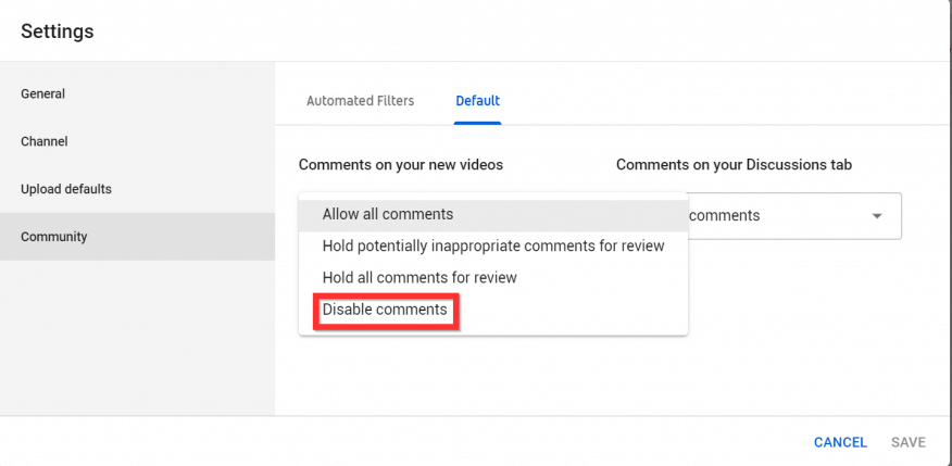 Disable Comments on YouTube