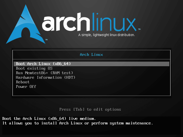 Select Boot Arch Linux to Install Arch Linux 