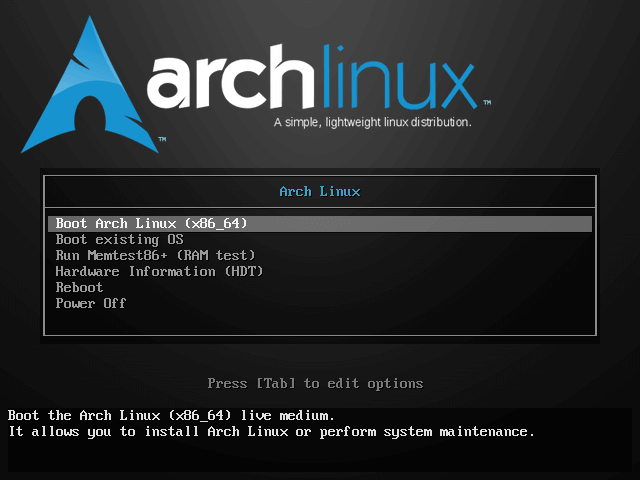 Select Boot Arch Linux to Install Arch Linux