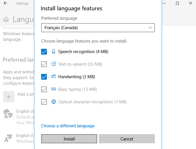 Select Install button to Change Language on Windows