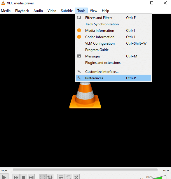 Select Preferences to enable VLC Dark Mode