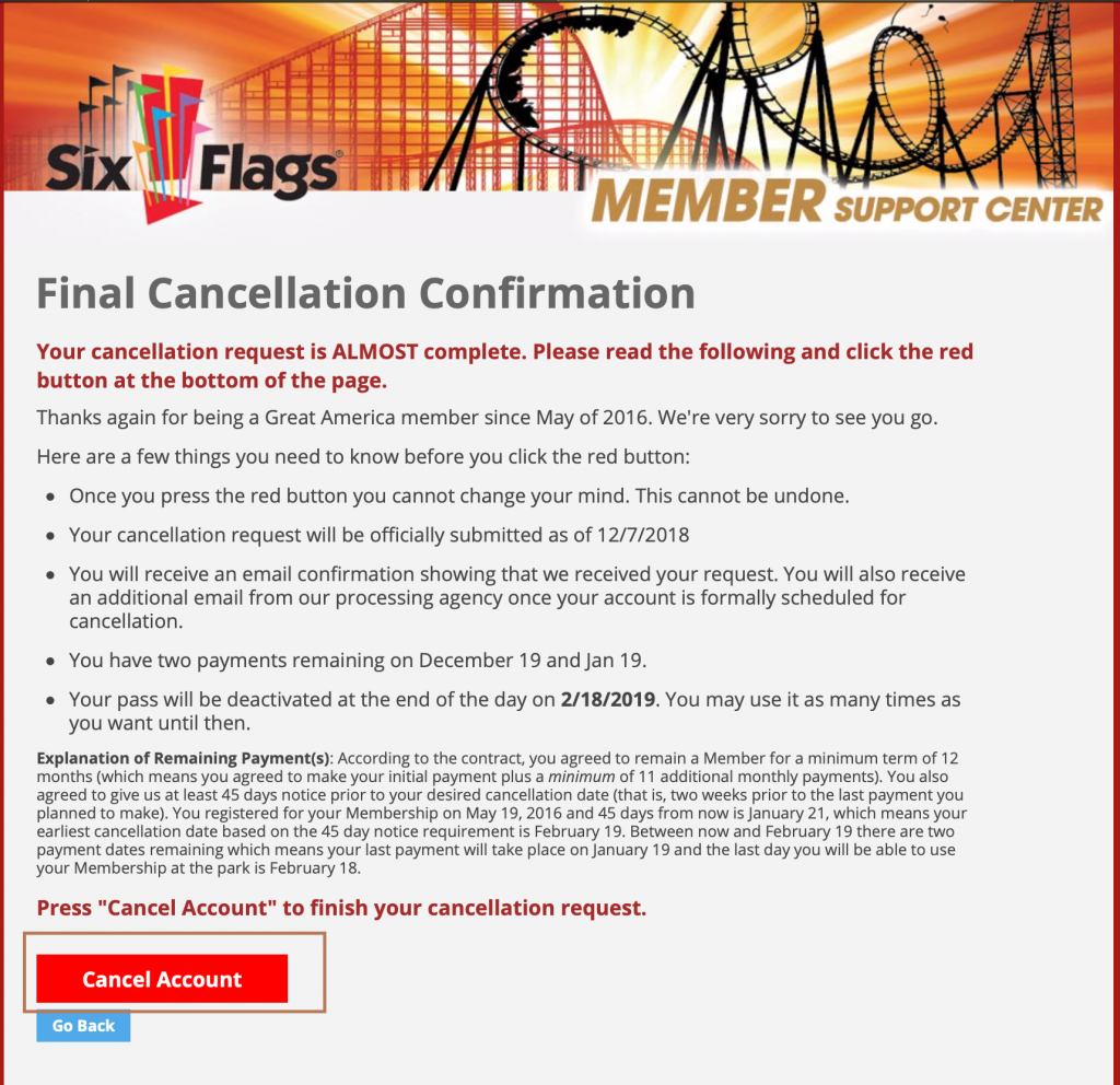 Cancellation Confirmation - Cancel Six Flags Membership