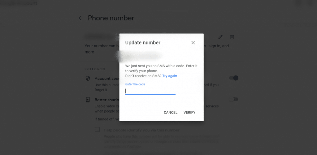 Verify Code to Change Phone Number on Gmail