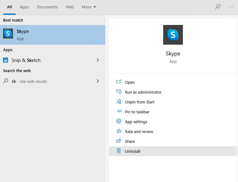 Uninstall Skype on Windows 10