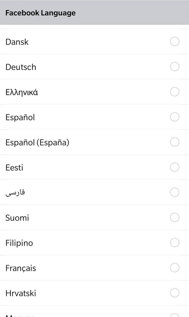 Select a language for Facebook