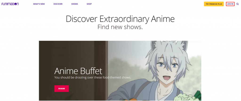 Select Log In in Funimation website