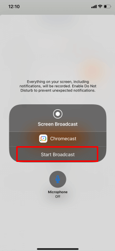 Select Start Broadcast to screen mirror iPhone to TV