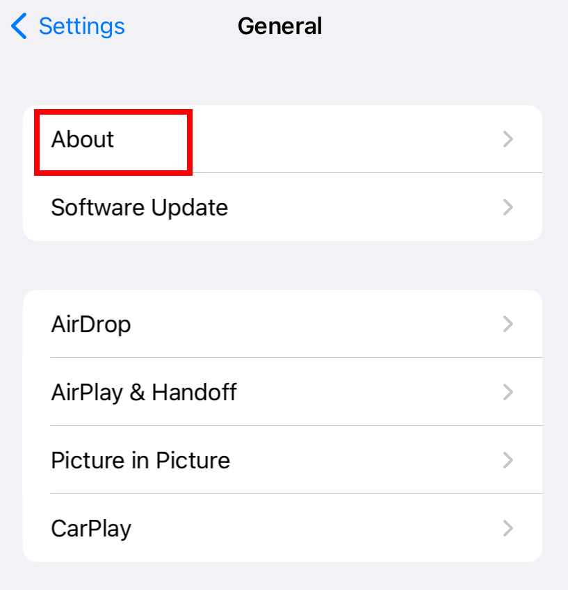 Tap the About option