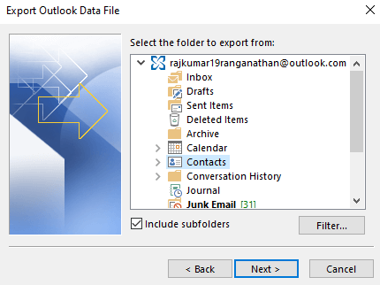 Backup Contacts on Outlook