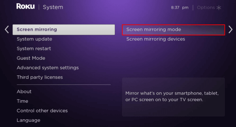 Click Screen mirroring mode