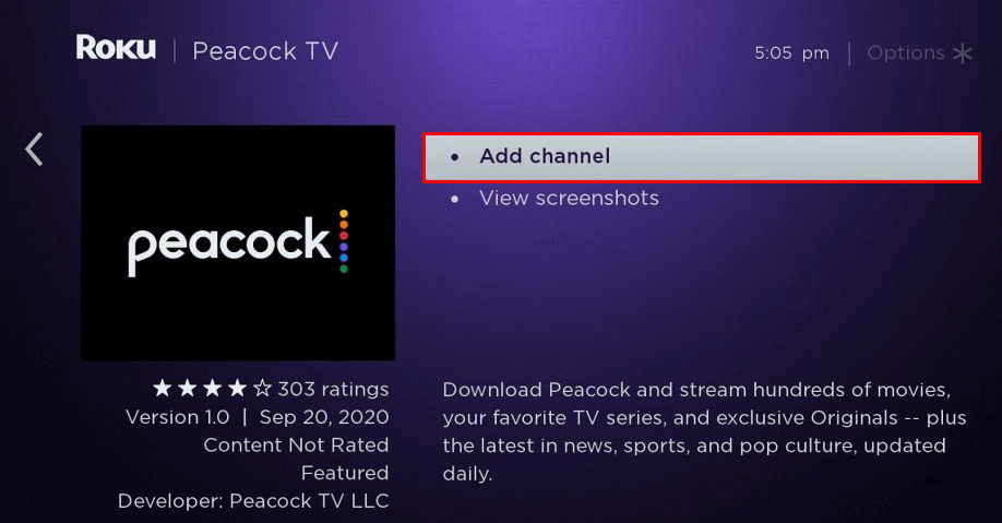 Click Add Channel to install Peacock TV