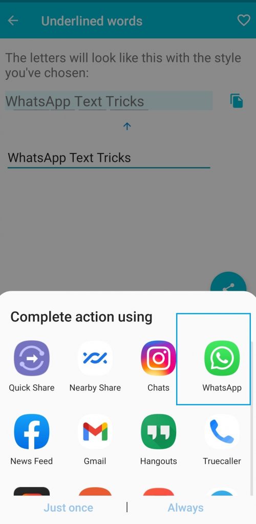 Select WhatsApp to share underlined text