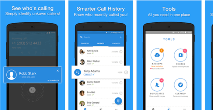 Simpler Caller ID app screens, with incoming call identified in left side, call log in middle and tools screen on the right.