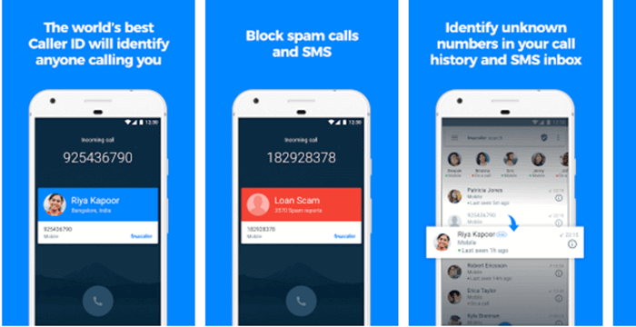 Truecaller app, with screen layouts shown. On the left a caller is identified. A spam call identified in middle. Call log on right.