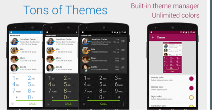 True Phone Dialer & Contacts app, with artwork of various screen. This is one of the best dialer apps for android.