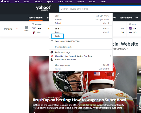 Chromecast Yahoo Sports to TV