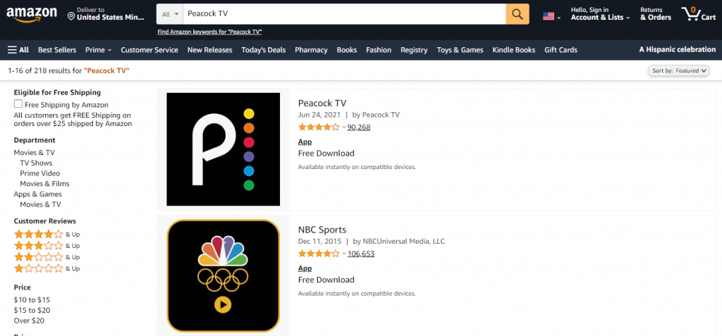 Select Peacock TV app in the Amazon Website