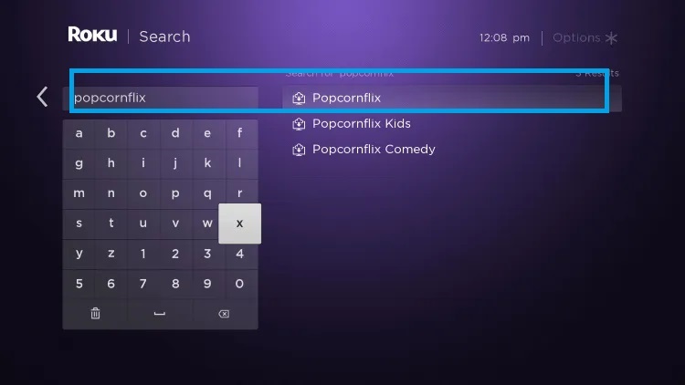 Search Popcornflix channel on Roku