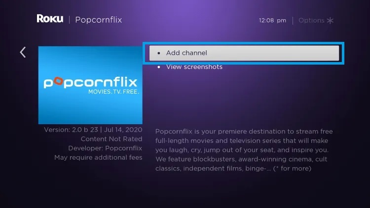 Add Popcornflix channel on Roku