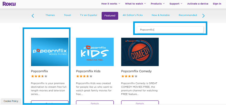 Search for Popcornflix channel