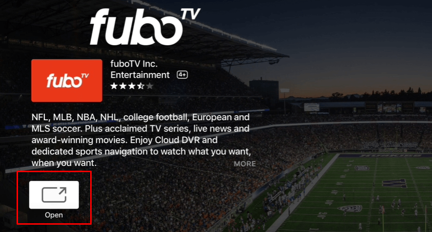 Click Open to launch fuboTV on Apple TV