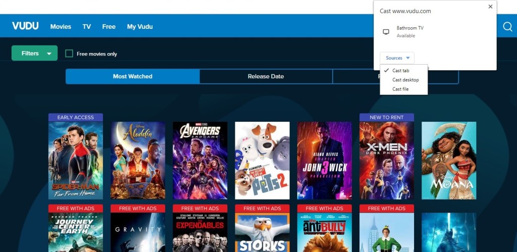 click cast tab- Chromecast Vudu