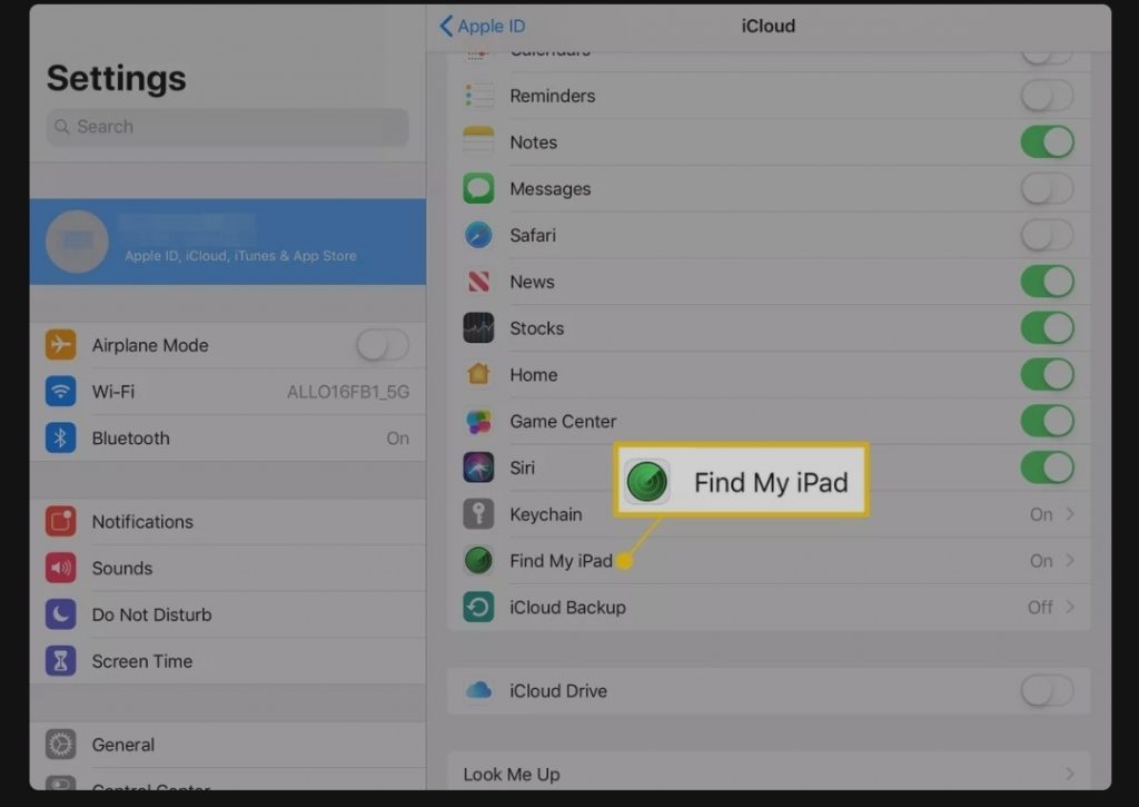 iPad displaying the iCloud options. Find My iPad is highlighted on the list of options.