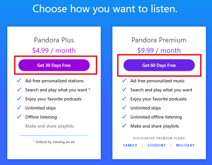 premium plans - How to get Pandora Premium for Free